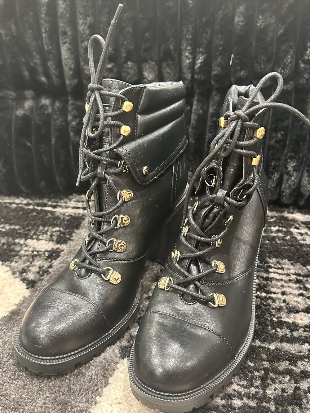 Guess Black Lace-Up Combat Ankle Boots with Gold Hardware